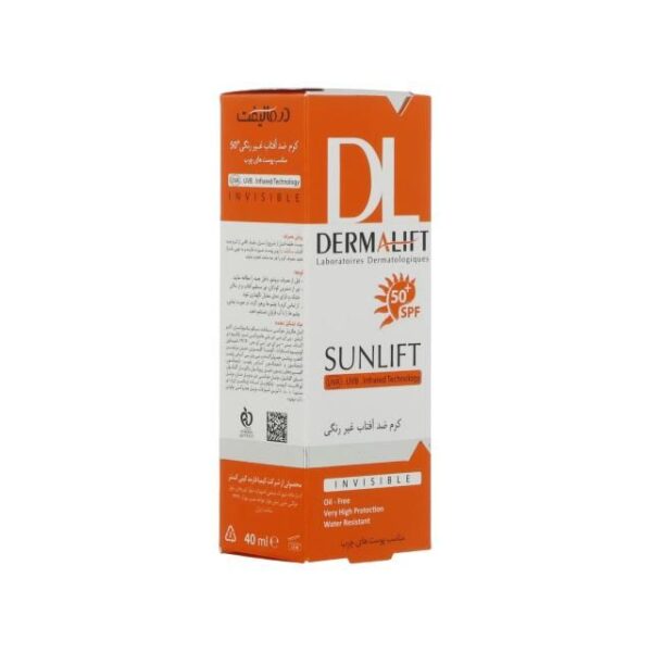 کرم ضد آفتاب بدون رنگ درمالیفت مدل SPF50 محافظ UVA ،UVB، ضد آب، مناسب پوست چرب حجم 40 میلی‌لیتر -