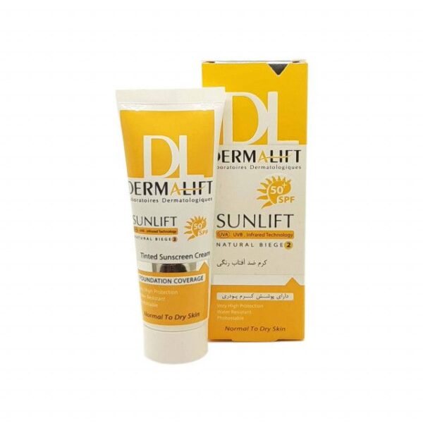 کرم ضد آفتاب رنگی درمالیفت مدل SPF50 محافظ UVA ،UVB، ضد آب، مناسب پوست خشک حجم 40 میلی‌لیتر -
